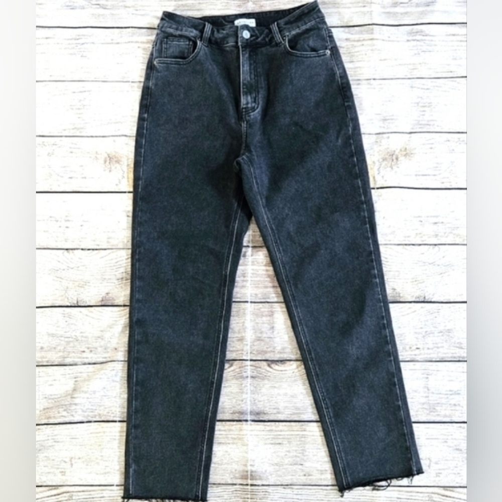 Lattelier black high waist raw hem soft denim mom jeans
